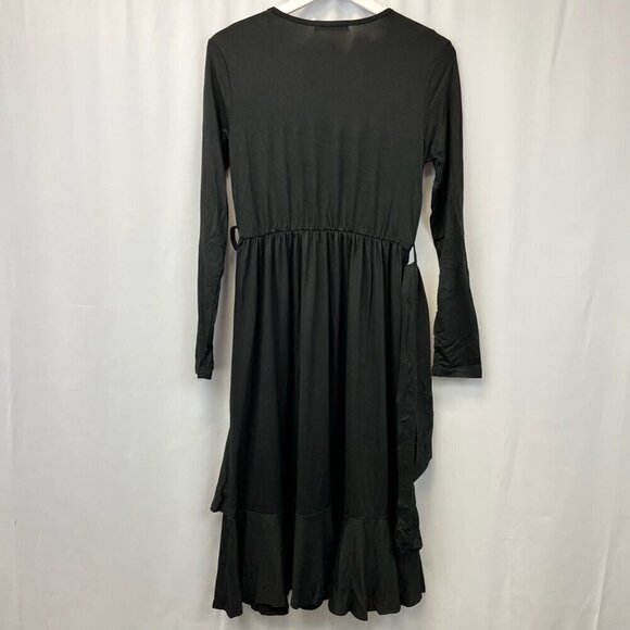 Levaca Womens Dress Black Midi Belted Long Sleeve Diagonal Ruffle Artsy S New - Picture 9 of 12